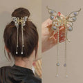 Gold-toned butterfly grab clip with temperament bow tassel adorned with sparkling crystals and lavender pearls