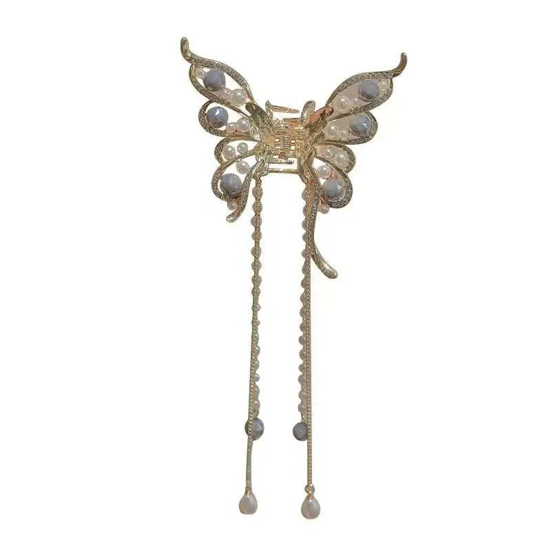 Silver butterfly temperament bow tassel grab clip with rhinestones and pearl chain bow tassel accessory details