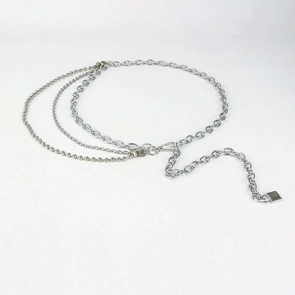 Silver chain belt with layered design and padlock charm perfect for summer body jewelry and jewelry hip hop styles
