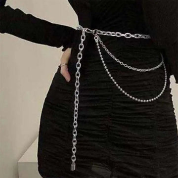 Silver chain belt with thick oval and thin ball links featuring a pendant for summer body jewelry and hip hop style
