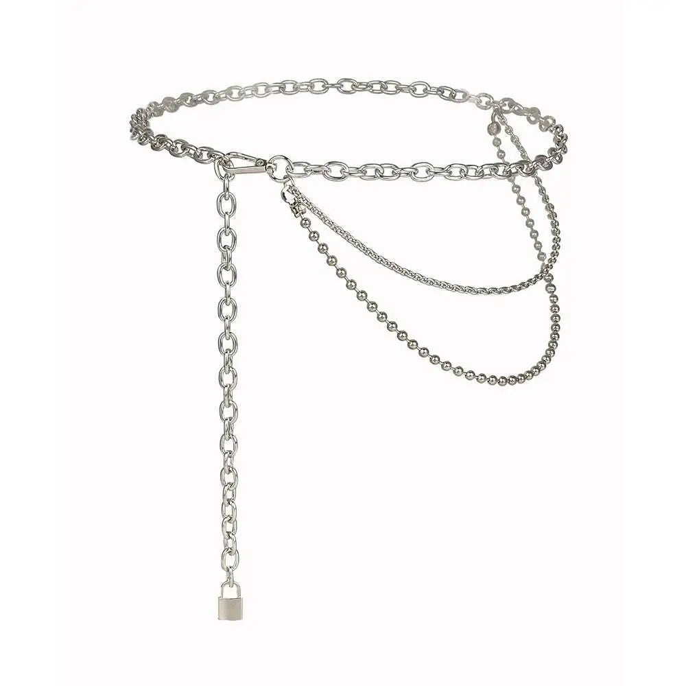 Silver chain belt summer body jewelry with oval and ball chains and padlock pendant for jewelry hip hop style