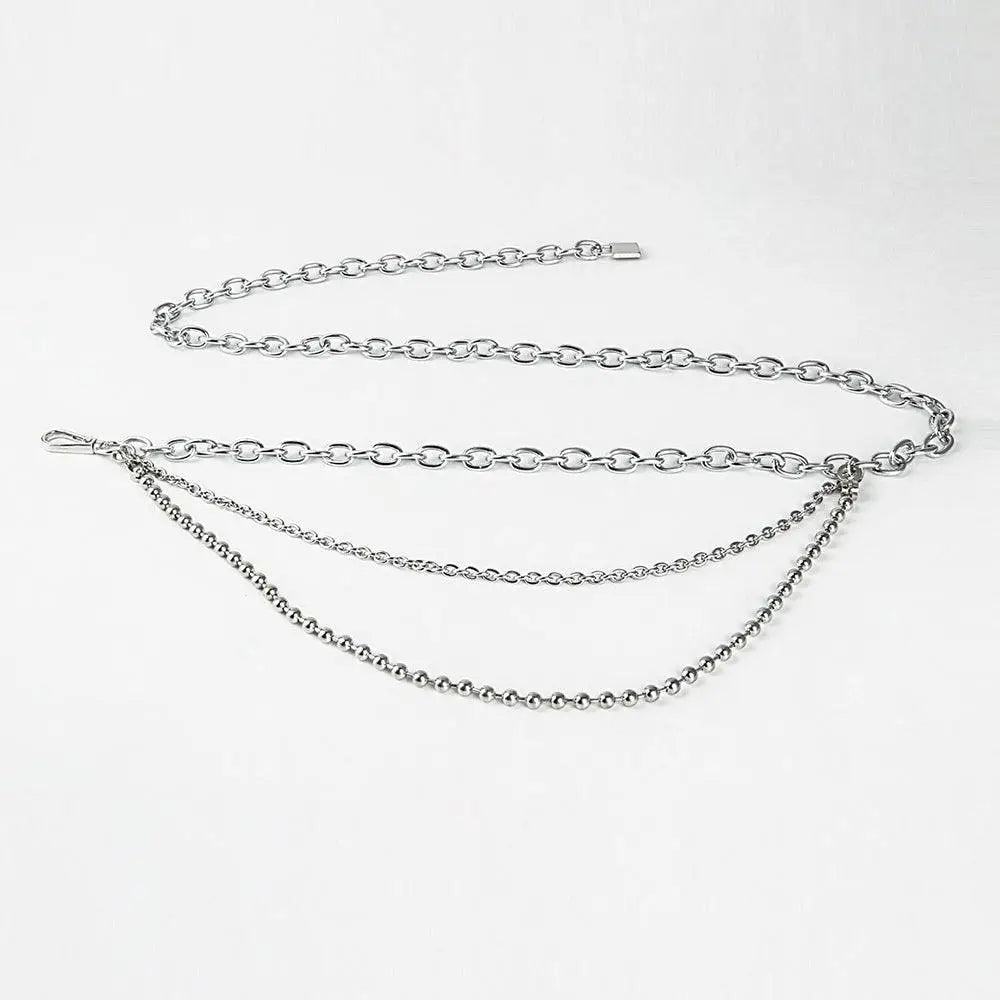 Silver chain belt featuring oval links and ball chain detailing as summer body jewelry for jewelry hip hop style