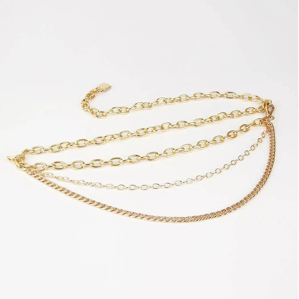 Gold-toned multi-layer chain belt with oval and curb links and matching clasp for summer body jewelry and hip hop style