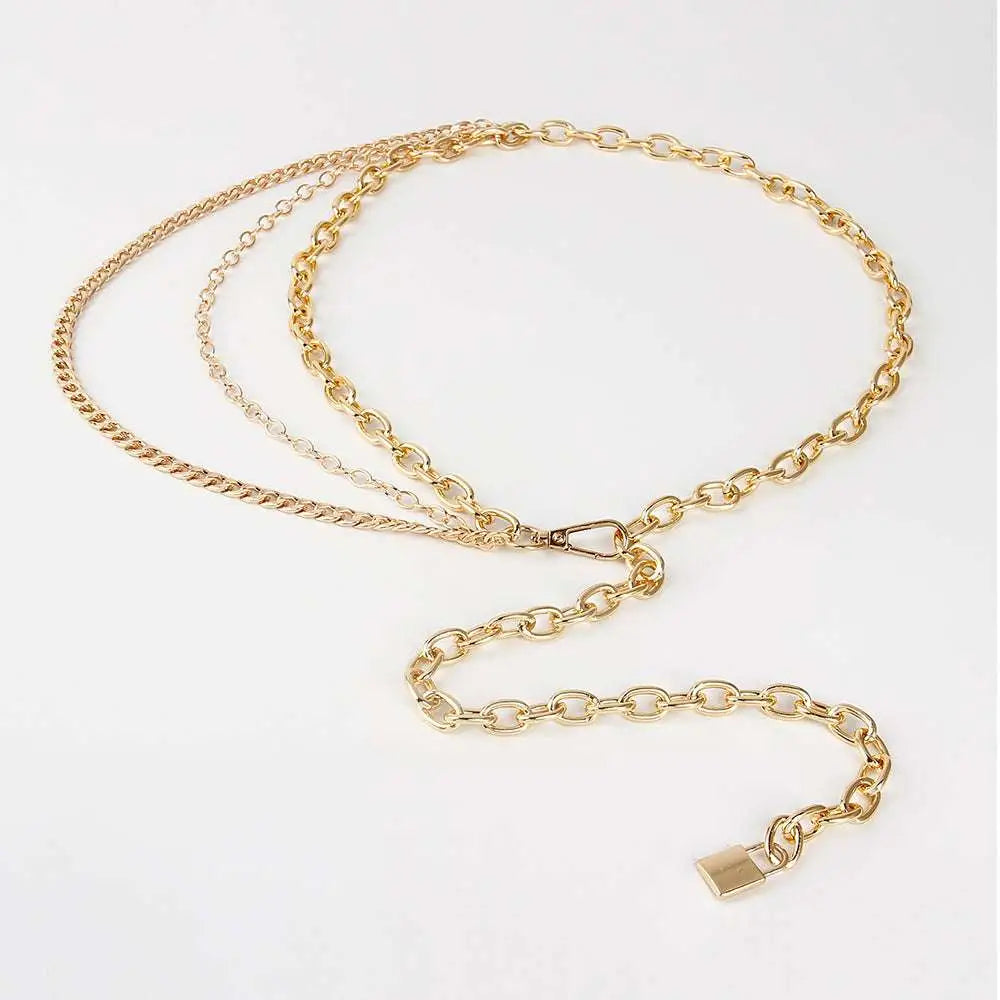 Silver chain belt with thick oval and thin ball links featuring a pendant for summer body jewelry and hip hop style