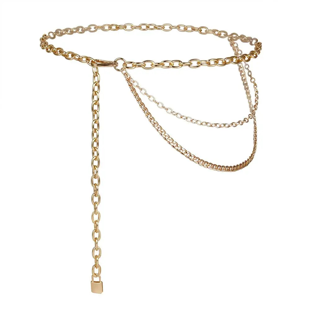 Gold-toned layered chain belt with padlock charm perfect silver chain belt for summer body jewelry and jewelry hip hop styles