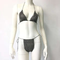 Black chainmail bikini set with mesh design and thin straps for silver chainmail fishnet rhinestone tight suit