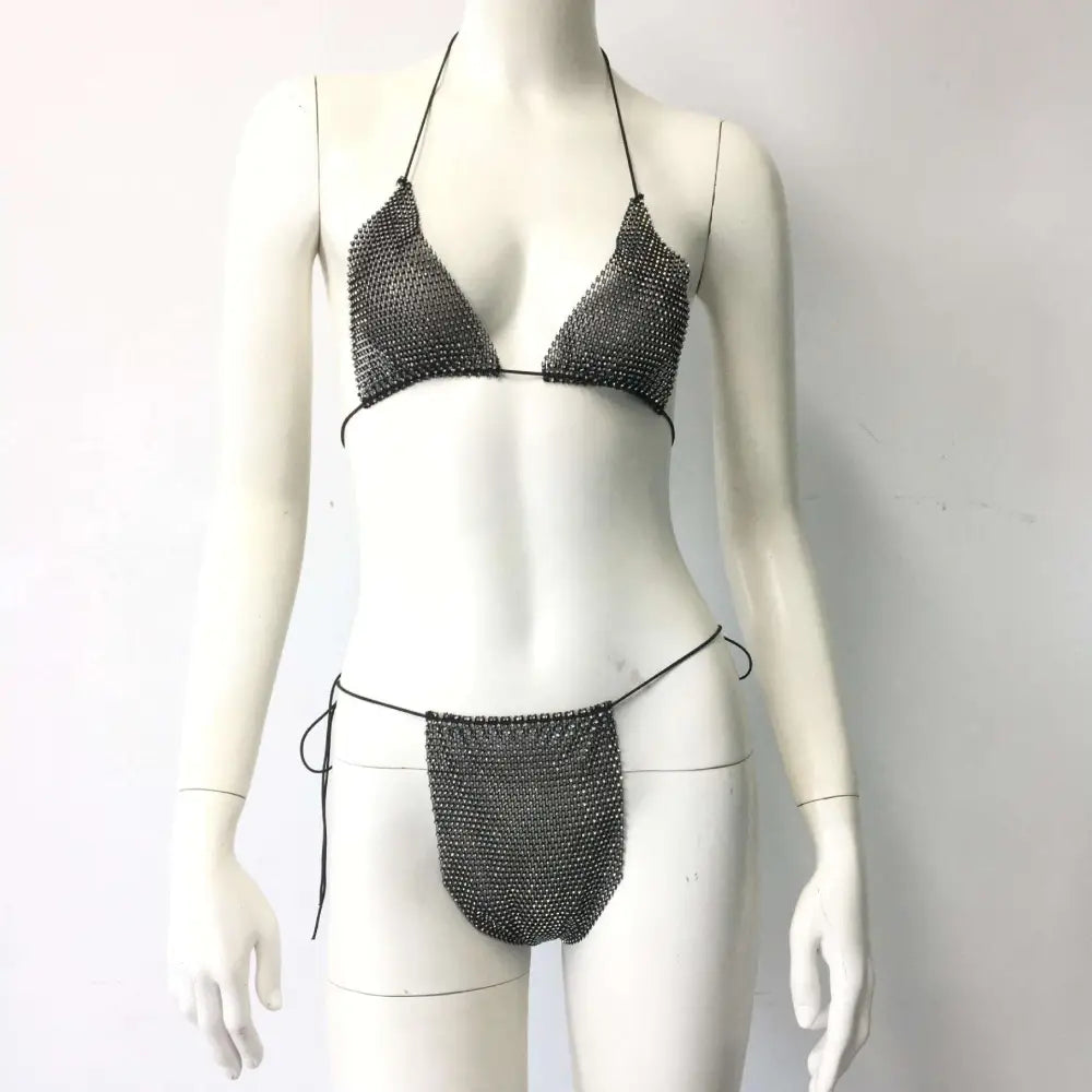 Black chainmail bikini set with mesh design and thin straps for silver chainmail fishnet rhinestone tight suit