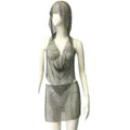 Silver chainmail dress with halter neckline and matching hood in fishnet rhinestone tight suit design