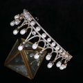 Gold-toned rhinestone pearl tiara with elegant leaf design and dangling white pearls for pearl baroque headwear