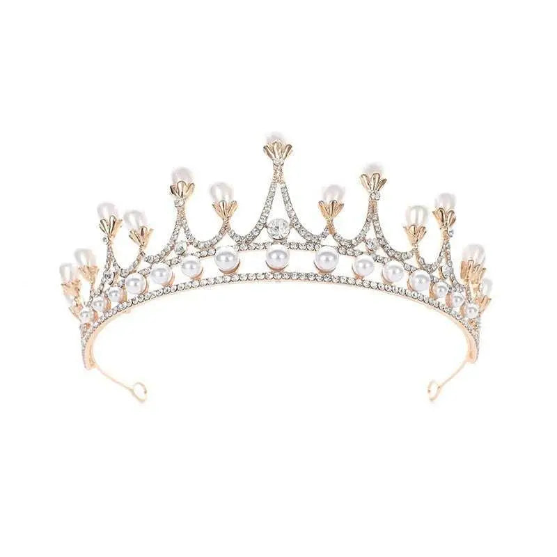 A delicate silver crown rhinestone pearl tiara with gold-toned metal, clear crystals, and lustrous pearls baroque headwear