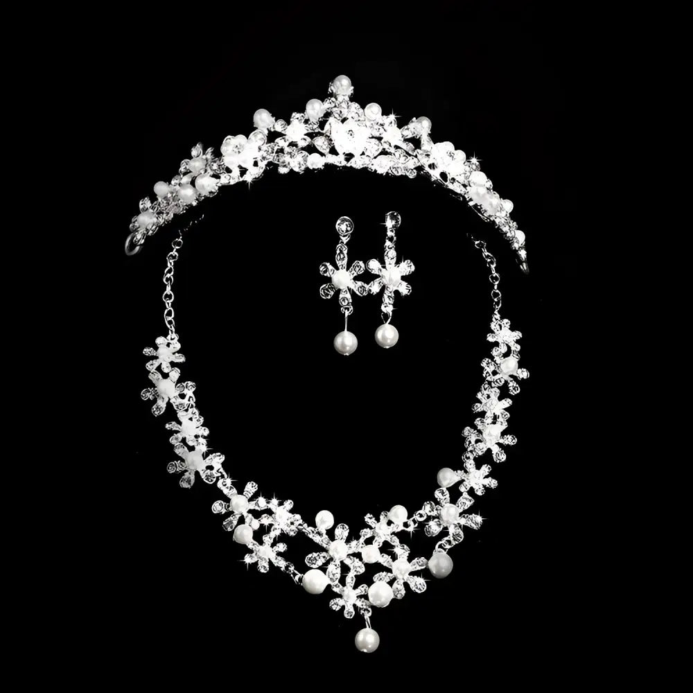 Silver crystal alloy headdress bridal crown adorned with intricate crystal flowers and delicate pearls for weddings