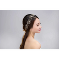 Delicate silver crystal bridal hair accessory adorned with sparkling crystals and tiny pearls elegantly draped in hair