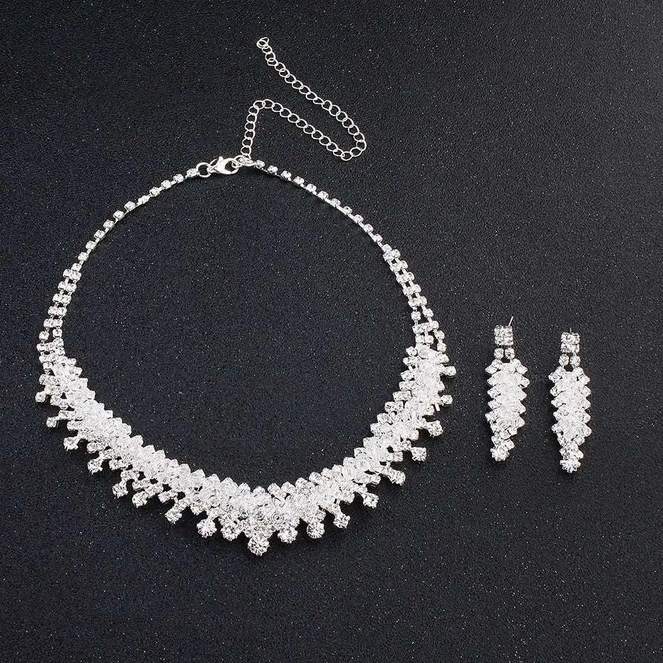 Silver crystal choker wedding jewelry set with cascading crystal design and matching silver rhinestone drop earrings