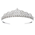 Silver tiara featuring intricate metalwork and sparkling clear crystals in a silver crystal choker wedding jewelry set