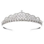 Silver tiara featuring intricate metalwork and sparkling clear crystals in a silver crystal choker wedding jewelry set