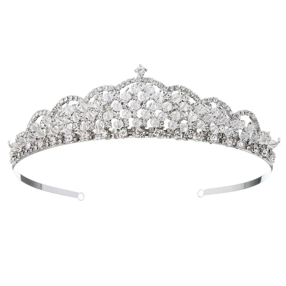 Silver tiara featuring intricate metalwork and sparkling clear crystals in a silver crystal choker wedding jewelry set
