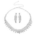 Silver crystal choker wedding jewelry set with cascading crystal design in metallic silver-toned metal with matching earrings