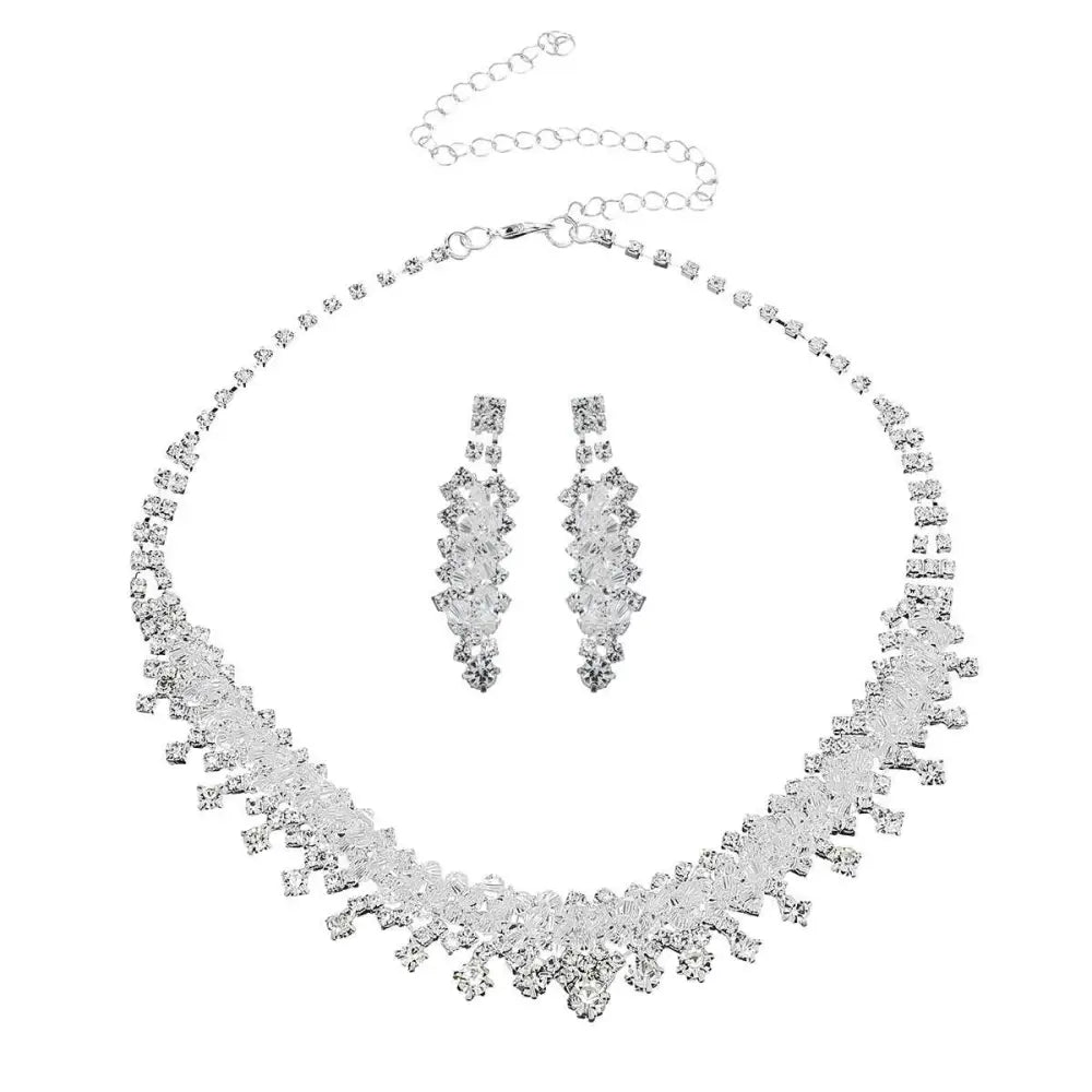 Silver crystal choker wedding jewelry set with cascading crystal design in metallic silver-toned metal with matching earrings