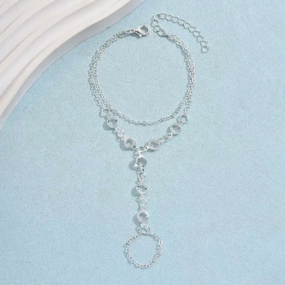 Silver crystal fashion minimalist bracelet ring featuring a silver chain anklet with clear faceted gemstones in y-shape design