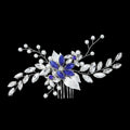 Elegant silver crystal gauze dress accessories headdress with a blue gemstone flower and pearl accents