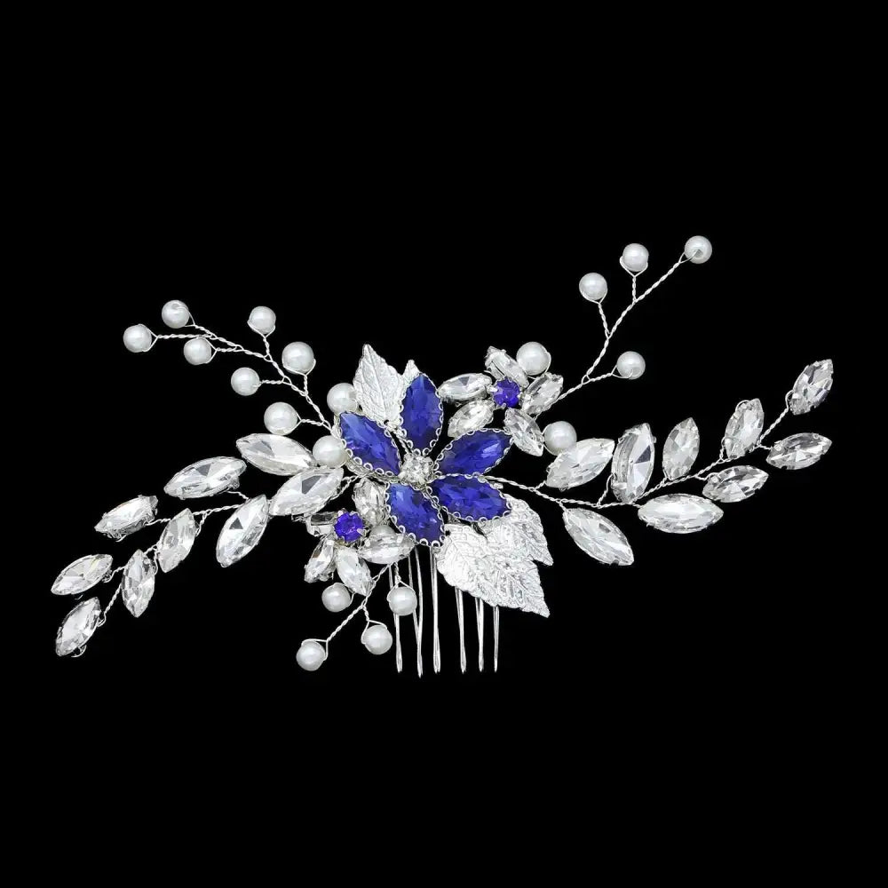 Elegant silver crystal gauze dress accessories headdress with a blue gemstone flower and pearl accents