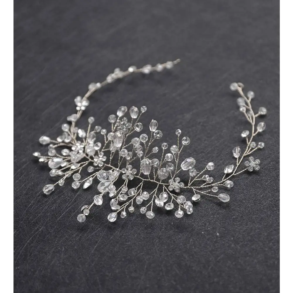 A delicate silver crystal gauze dress accessories headdress with clear faceted beads and tiny flower embellishments