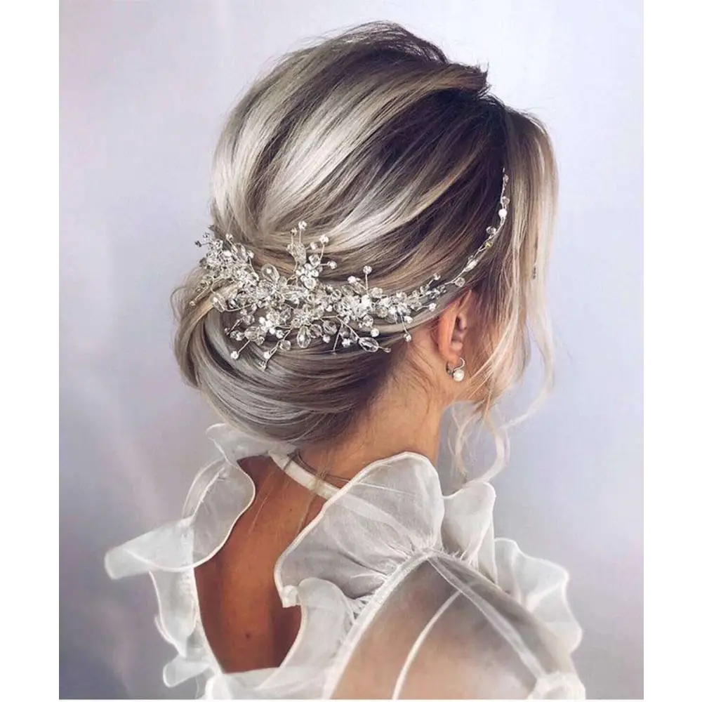 Silver crystal gauze dress accessories headdress featuring a delicate silver crystal hair vine with rhinestones and teardrop crystals