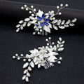Elegant silver crystal gauze dress accessories headdress with clear crystals pearl accents and blue gemstone flower design