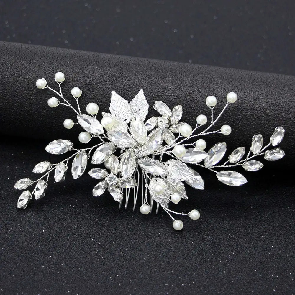 Silver floral hair comb with clear crystals pearl-like beads and detailed leaves as silver crystal gauze dress accessories headdress