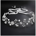 Silver floral headband with pearls and clear crystals featuring white ribbons for securing as silver crystal gauze dress accessories headdress