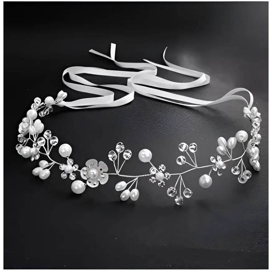 Silver floral headband with pearls and clear crystals featuring white ribbons for securing as silver crystal gauze dress accessories headdress
