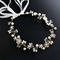 Elegant gold-toned floral dress accessories headdress with white pearls, clear crystals, and white satin ribbon tie for silver crystal gauze