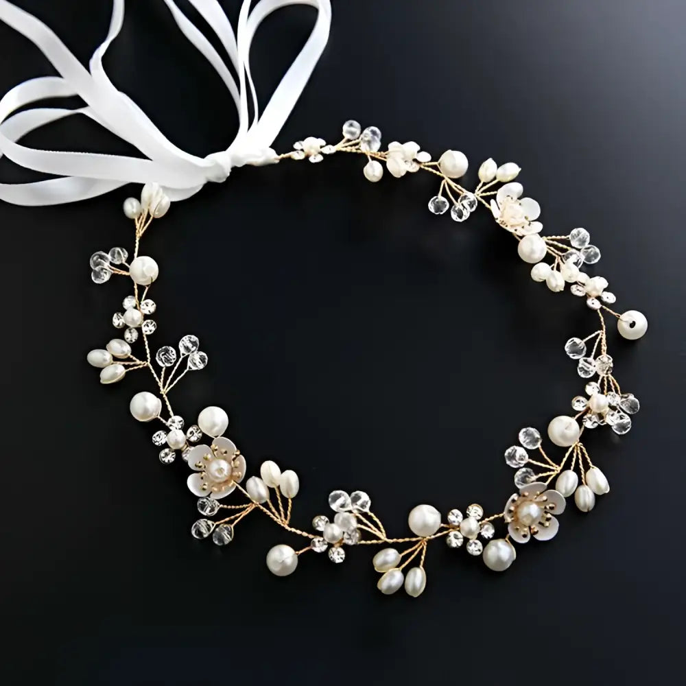 Elegant gold-toned floral dress accessories headdress with white pearls, clear crystals, and white satin ribbon tie for silver crystal gauze