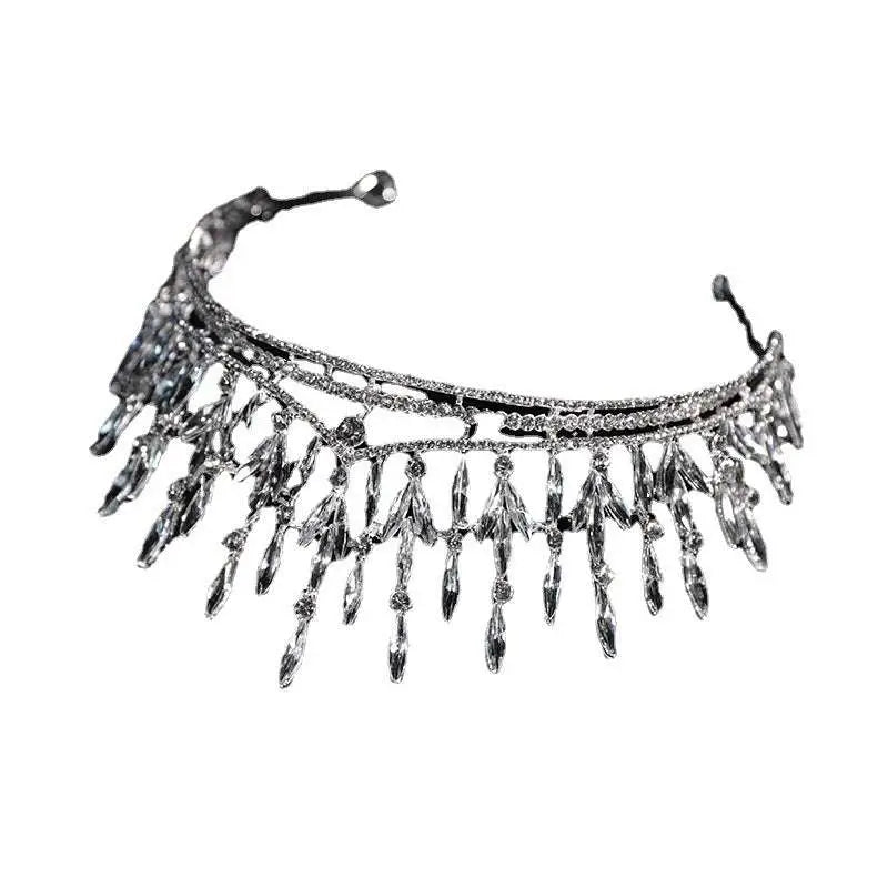 Silver crystal makeup headdress super beautiful crown with intricate leaf and crystal drop designs in silver metal
