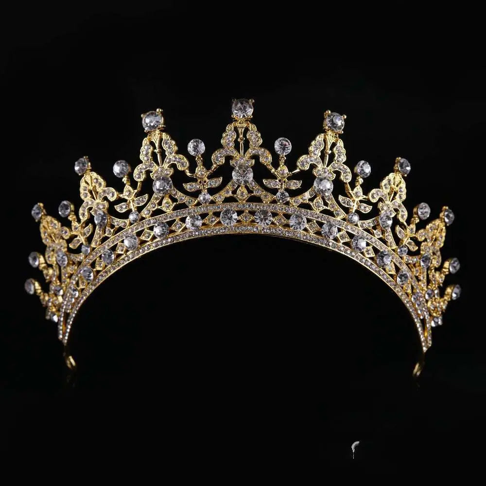 A sparkling gold wedding crown headdress with intricate floral designs and clear crystals silver crystal queen bridal