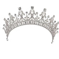 Silver crystal queen wedding crown headdress with intricate floral designs and sparkling clear crystals for bridal use