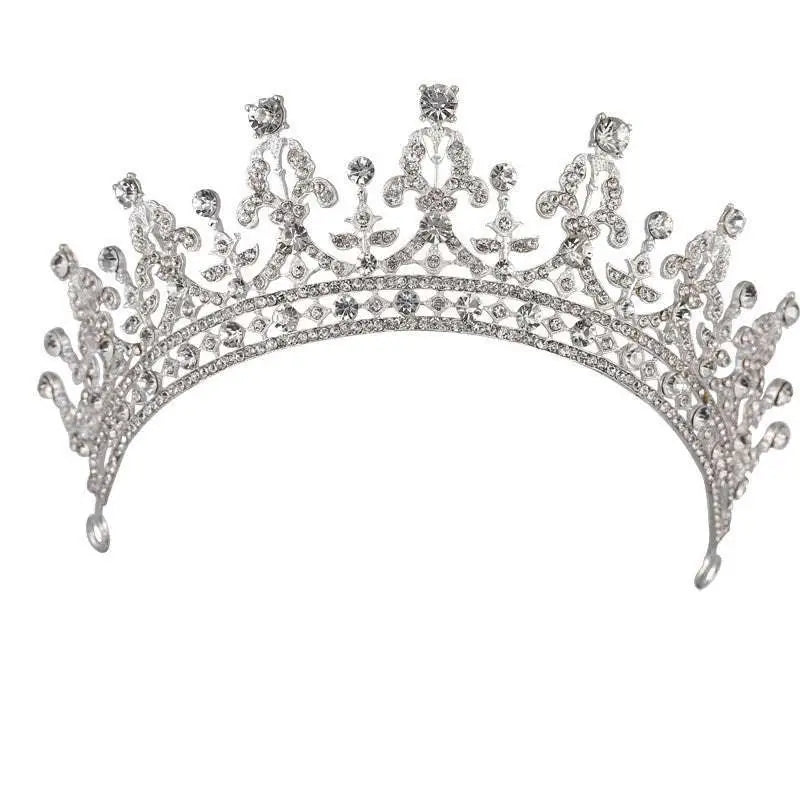 Silver crystal queen wedding crown headdress with intricate floral designs and sparkling clear crystals for bridal use
