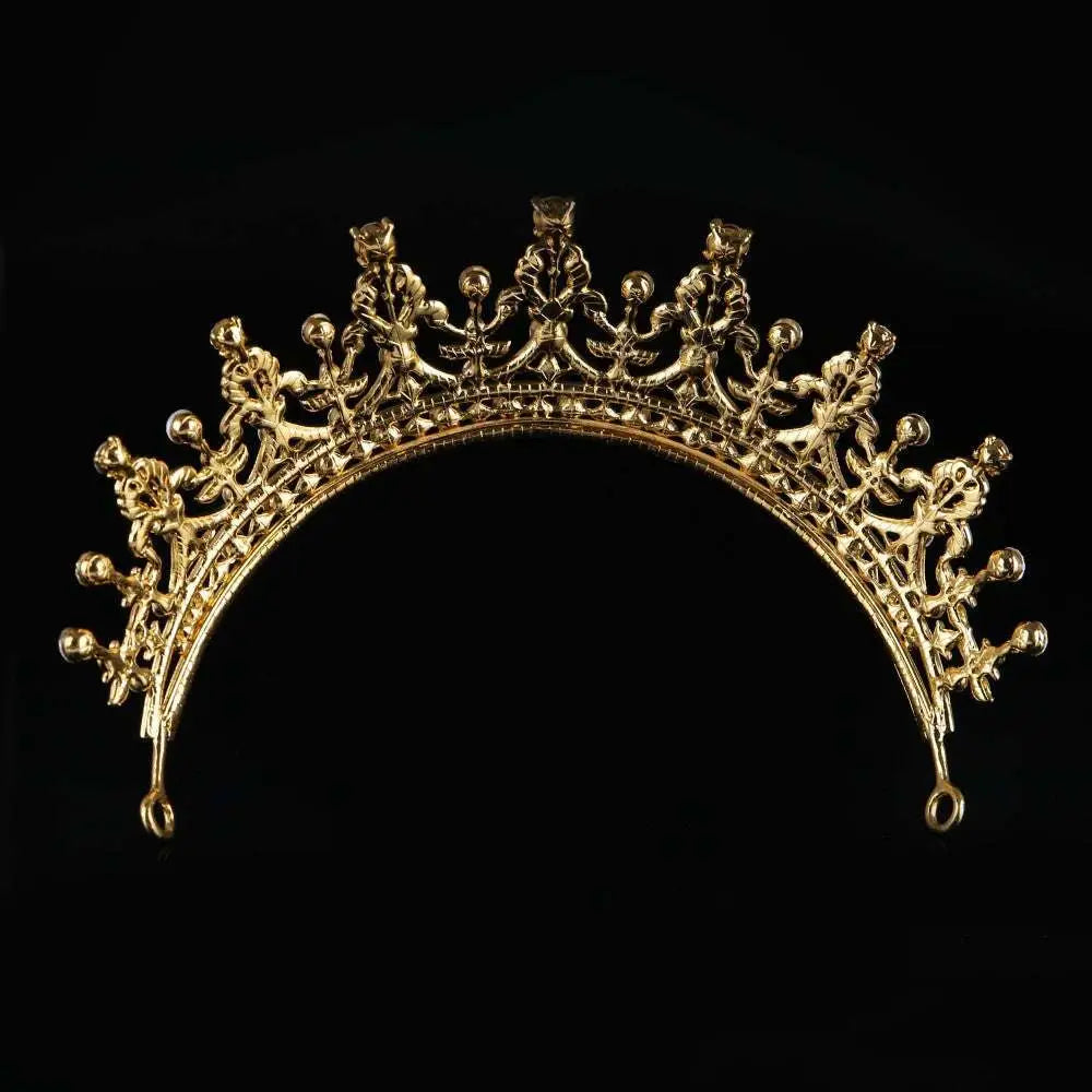 Silver crystal queen bridal wedding crown with golden ornate floral and scrollwork design wedding crown headdress