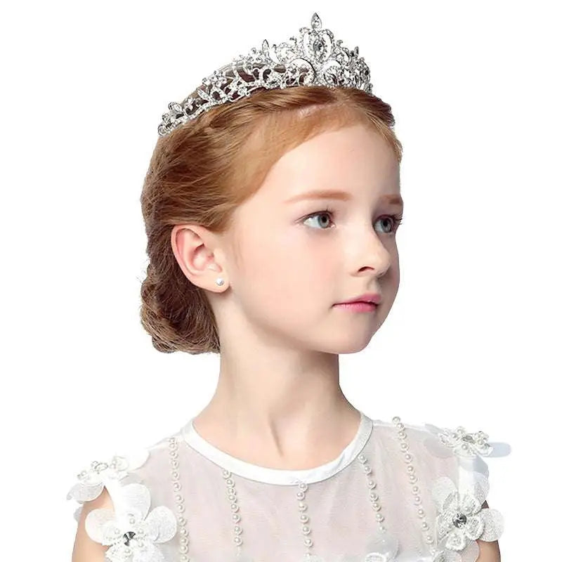 Silver crystal stage flower girl head tiara with sparkling crystals and intricate filigree detailing in silver