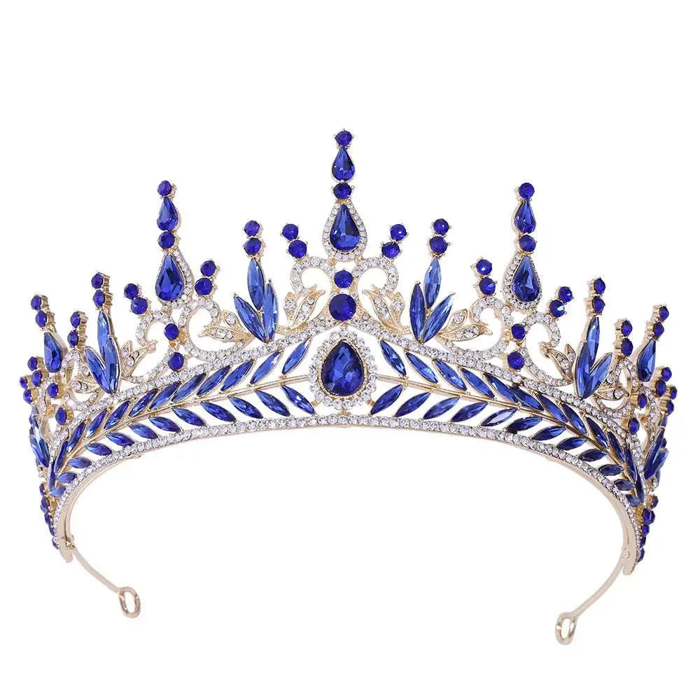 Silver crystal wedding hair hoop crown with royal blue and silver teardrop crystals and leaf motifs with central pendant