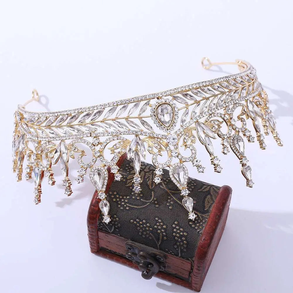 Silver crystal wedding hair hoop crown with gold-toned tiara, clear crystals, leaf embellishments, and teardrop stones