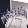 Silver crystal wedding hair hoop crown in royal blue and gold with teardrop sapphires and leaf motifs diamond kc gold
