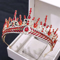 Silver crystal wedding hair hoop crown in red and gold with teardrop rubies leaf motifs and sparkling crystals