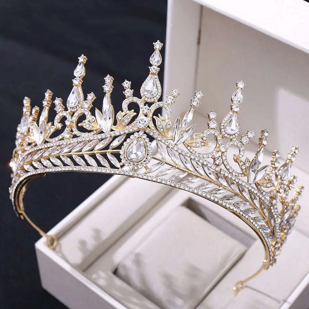 Silver crystal wedding hair hoop crown with sparkling gold tiara and clear teardrop and round crystals leaf design