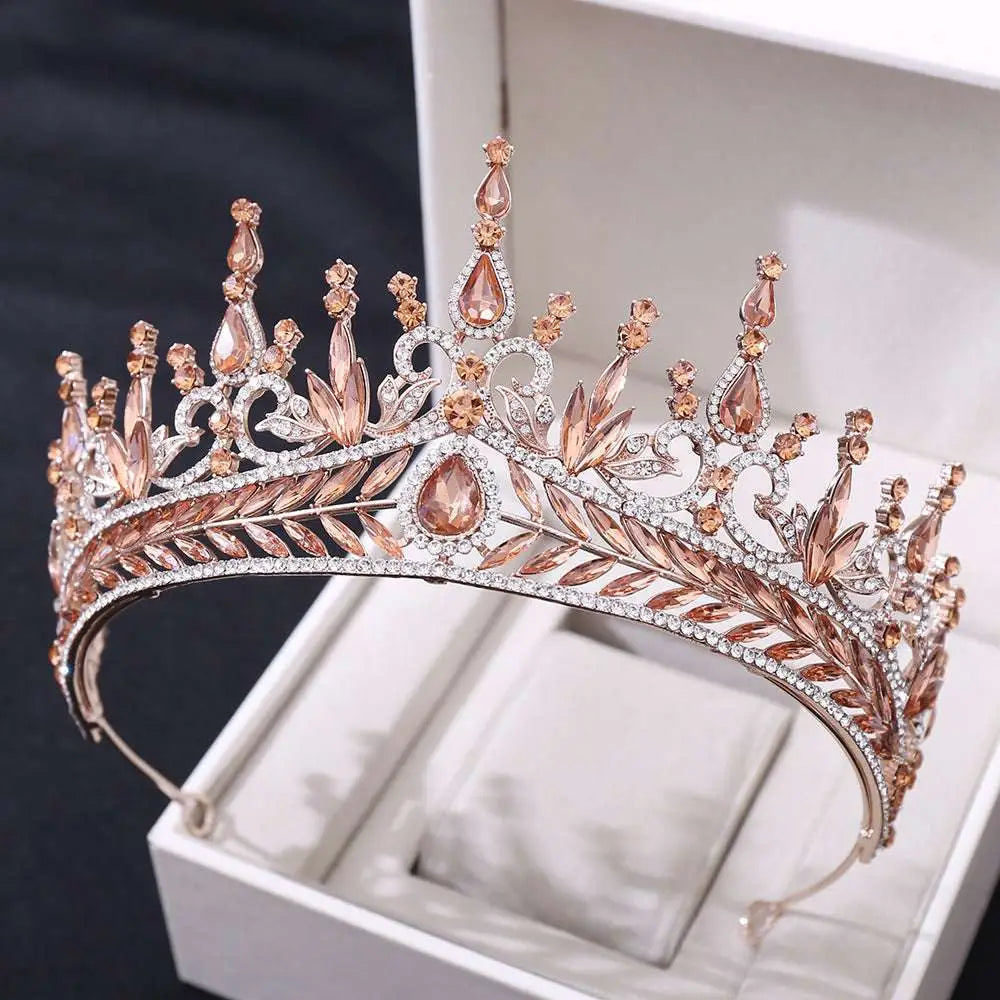Silver crystal wedding hair hoop crown with rose gold tiara, peach teardrop crystals, and silver rhinestone leaf design
