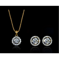 Gold-toned diamond jewelry set featuring circular halo pendant necklace and matching stud earrings in silver diamond jewelry style