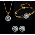 Gold-toned silver diamond jewelry set with necklace bracelet and earrings featuring circular halo clear stones