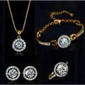 Gold-toned diamond jewelry sets featuring a central round diamond necklace bracelet earrings and ring for women’s fashion