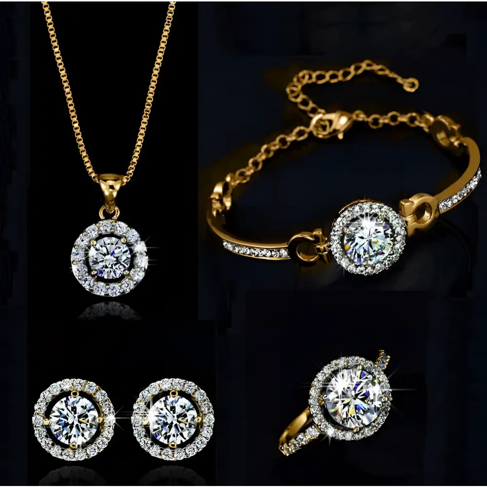 Gold-toned diamond jewelry sets featuring a central round diamond necklace bracelet earrings and ring for women’s fashion
