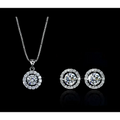 Silver diamond jewelry set featuring a silver diamond halo necklace and matching stud earrings for luxury women’s fashion